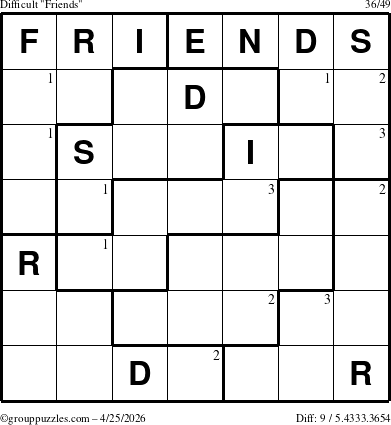 The grouppuzzles.com Difficult Friends puzzle for Saturday April 25, 2026 with the first 3 steps marked