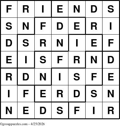 The grouppuzzles.com Answer grid for the Friends puzzle for Saturday April 25, 2026