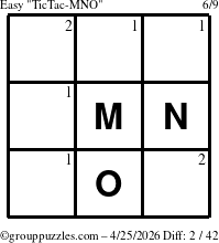 The grouppuzzles.com Easy TicTac-MNO puzzle for Saturday April 25, 2026 with the first 2 steps marked