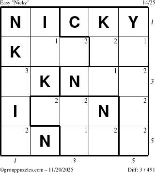 The grouppuzzles.com Easy Nicky puzzle for Thursday November 20, 2025 with all 3 steps marked