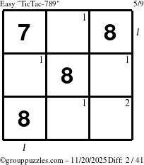 The grouppuzzles.com Easy TicTac-789 puzzle for Thursday November 20, 2025, suitable for printing, with all 2 steps marked