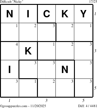The grouppuzzles.com Difficult Nicky puzzle for Thursday November 20, 2025 with all 4 steps marked