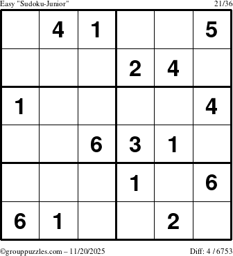 The grouppuzzles.com Easy Sudoku-Junior puzzle for Thursday November 20, 2025