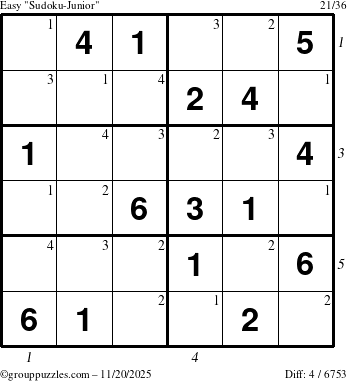 The grouppuzzles.com Easy Sudoku-Junior puzzle for Thursday November 20, 2025 with all 4 steps marked