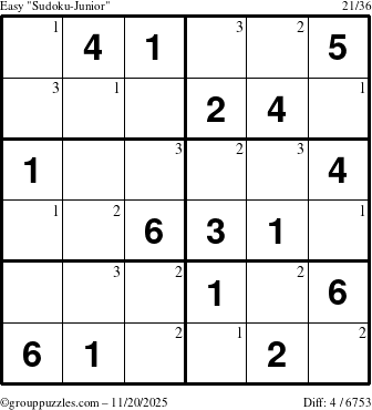 The grouppuzzles.com Easy Sudoku-Junior puzzle for Thursday November 20, 2025 with the first 3 steps marked