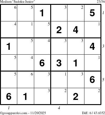 The grouppuzzles.com Medium Sudoku-Junior puzzle for Thursday November 20, 2025, suitable for printing, with all 6 steps marked
