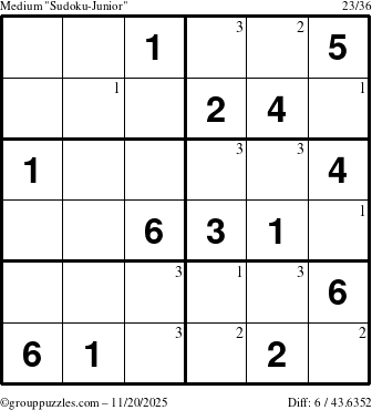 The grouppuzzles.com Medium Sudoku-Junior puzzle for Thursday November 20, 2025 with the first 3 steps marked