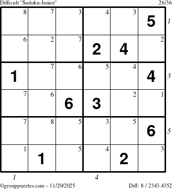The grouppuzzles.com Difficult Sudoku-Junior puzzle for Thursday November 20, 2025, suitable for printing, with all 8 steps marked