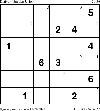 The grouppuzzles.com Difficult Sudoku-Junior puzzle for Thursday November 20, 2025 with the first 3 steps marked