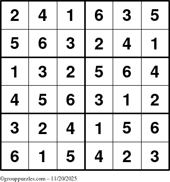 The grouppuzzles.com Answer grid for the Sudoku-Junior puzzle for Thursday November 20, 2025
