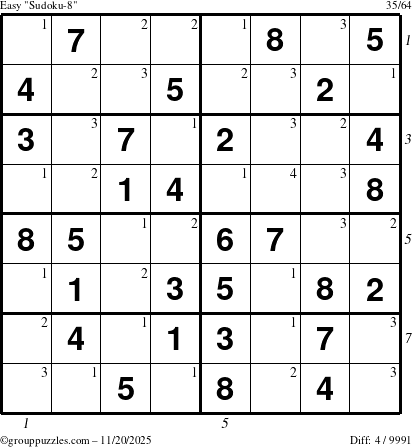 The grouppuzzles.com Easy Sudoku-8 puzzle for Thursday November 20, 2025 with all 4 steps marked