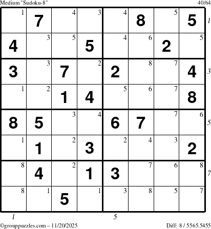 The grouppuzzles.com Medium Sudoku-8 puzzle for Thursday November 20, 2025 with all 8 steps marked