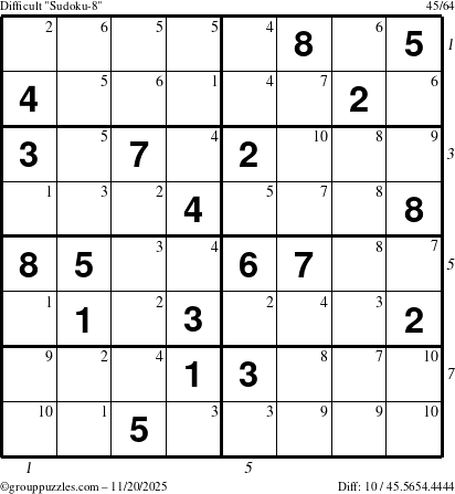 The grouppuzzles.com Difficult Sudoku-8 puzzle for Thursday November 20, 2025 with all 10 steps marked