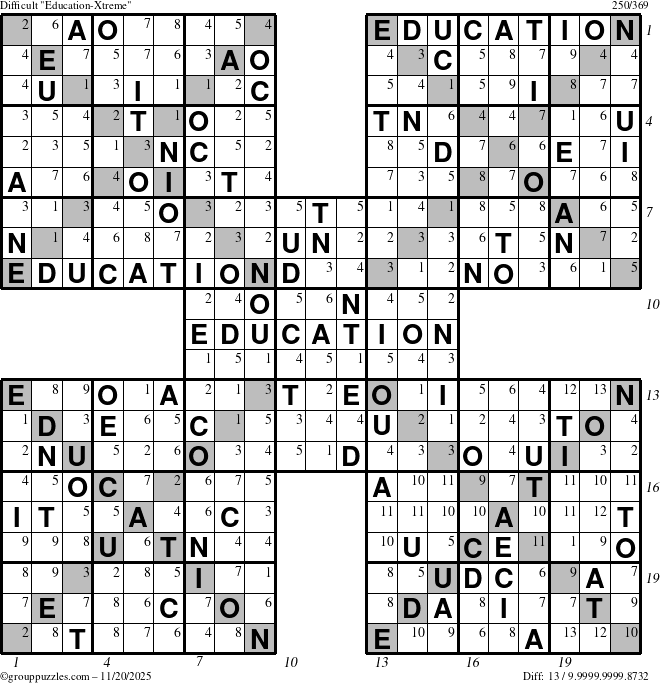 The grouppuzzles.com Difficult Education-Xtreme puzzle for Thursday November 20, 2025, suitable for printing, with all 13 steps marked