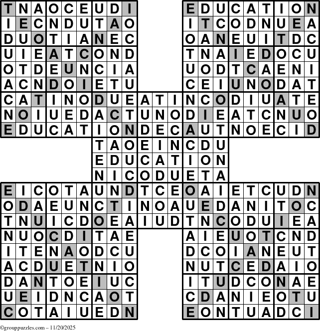 The grouppuzzles.com Answer grid for the Education-Xtreme puzzle for Thursday November 20, 2025