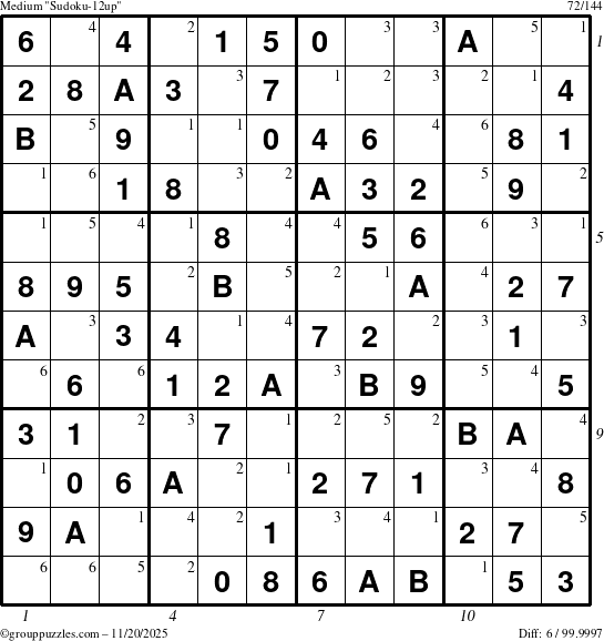 The grouppuzzles.com Medium Sudoku-12up puzzle for Thursday November 20, 2025, suitable for printing, with all 6 steps marked