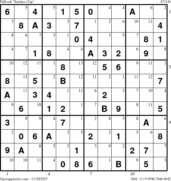 The grouppuzzles.com Difficult Sudoku-12up puzzle for Thursday November 20, 2025 with all 13 steps marked