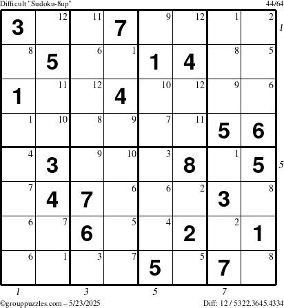 The grouppuzzles.com Difficult Sudoku-8up puzzle for Friday May 23, 2025 with all 12 steps marked