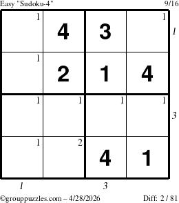 The grouppuzzles.com Easy Sudoku-4 puzzle for Tuesday April 28, 2026, suitable for printing, with all 2 steps marked