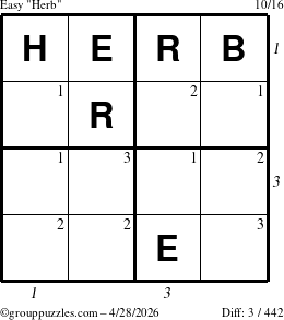 The grouppuzzles.com Easy Herb puzzle for Tuesday April 28, 2026 with all 3 steps marked