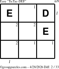 The grouppuzzles.com Easy TicTac-DEF puzzle for Tuesday April 28, 2026 with all 2 steps marked