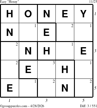 The grouppuzzles.com Easy Honey puzzle for Tuesday April 28, 2026, suitable for printing, with all 3 steps marked