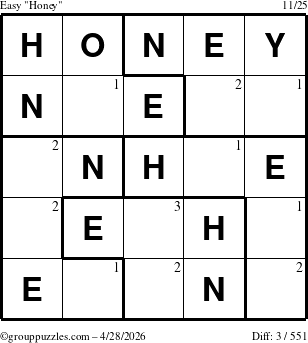The grouppuzzles.com Easy Honey puzzle for Tuesday April 28, 2026 with the first 3 steps marked