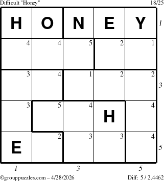 The grouppuzzles.com Difficult Honey puzzle for Tuesday April 28, 2026 with all 5 steps marked