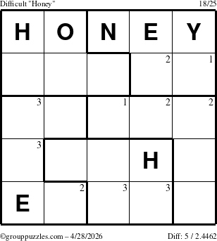 The grouppuzzles.com Difficult Honey puzzle for Tuesday April 28, 2026 with the first 3 steps marked