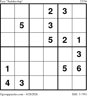 The grouppuzzles.com Easy Sudoku-6up puzzle for Tuesday April 28, 2026