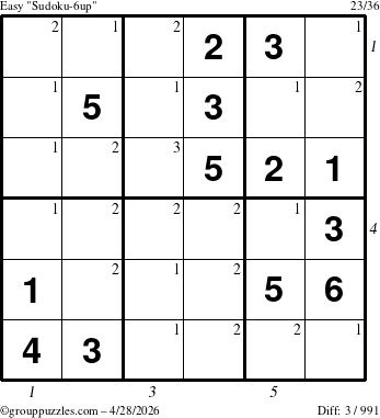 The grouppuzzles.com Easy Sudoku-6up puzzle for Tuesday April 28, 2026 with all 3 steps marked