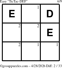 The grouppuzzles.com Easy TicTac-DEF puzzle for Tuesday April 28, 2026 with the first 2 steps marked