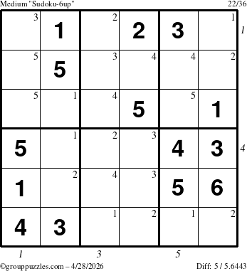 The grouppuzzles.com Medium Sudoku-6up puzzle for Tuesday April 28, 2026, suitable for printing, with all 5 steps marked