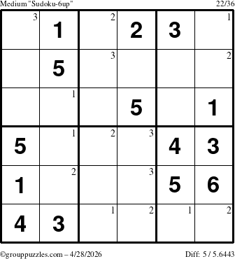 The grouppuzzles.com Medium Sudoku-6up puzzle for Tuesday April 28, 2026 with the first 3 steps marked
