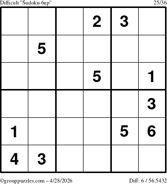 The grouppuzzles.com Difficult Sudoku-6up puzzle for Tuesday April 28, 2026