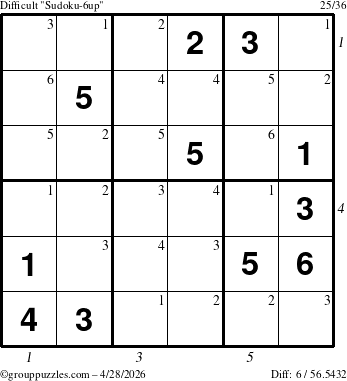 The grouppuzzles.com Difficult Sudoku-6up puzzle for Tuesday April 28, 2026, suitable for printing, with all 6 steps marked