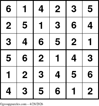 The grouppuzzles.com Answer grid for the Sudoku-6up puzzle for Tuesday April 28, 2026
