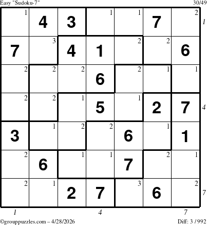 The grouppuzzles.com Easy Sudoku-7 puzzle for Tuesday April 28, 2026 with all 3 steps marked