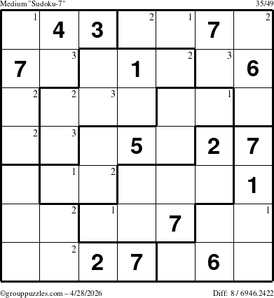 The grouppuzzles.com Medium Sudoku-7 puzzle for Tuesday April 28, 2026 with the first 3 steps marked