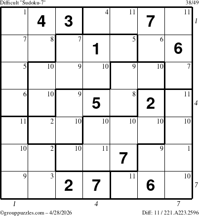 The grouppuzzles.com Difficult Sudoku-7 puzzle for Tuesday April 28, 2026, suitable for printing, with all 11 steps marked