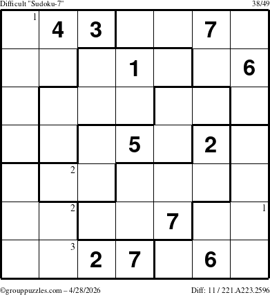 The grouppuzzles.com Difficult Sudoku-7 puzzle for Tuesday April 28, 2026 with the first 3 steps marked