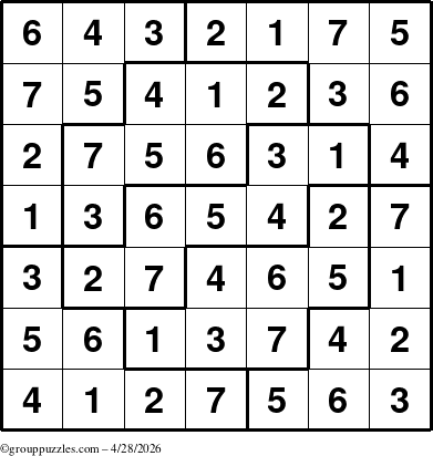 The grouppuzzles.com Answer grid for the Sudoku-7 puzzle for Tuesday April 28, 2026