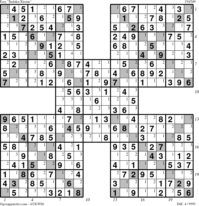 The grouppuzzles.com Easy Sudoku-Xtreme puzzle for Tuesday April 28, 2026 with all 4 steps marked
