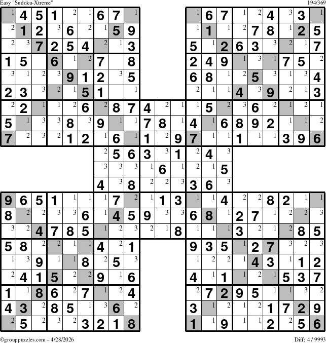 The grouppuzzles.com Easy Sudoku-Xtreme puzzle for Tuesday April 28, 2026 with the first 3 steps marked