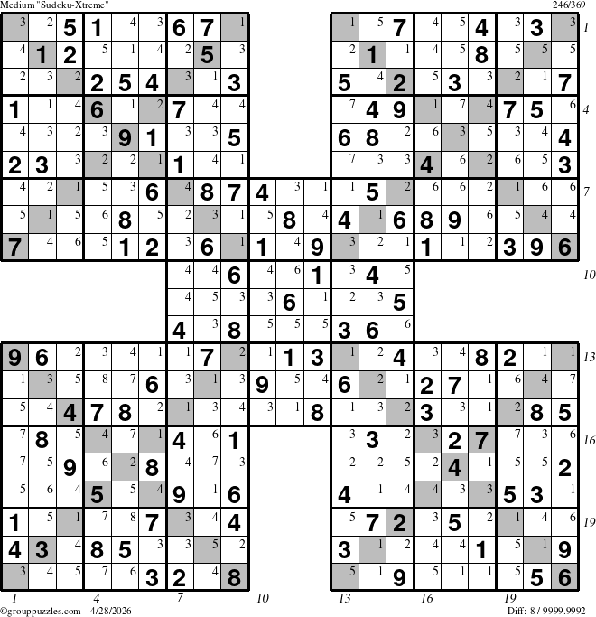 The grouppuzzles.com Medium Sudoku-Xtreme puzzle for Tuesday April 28, 2026 with all 8 steps marked