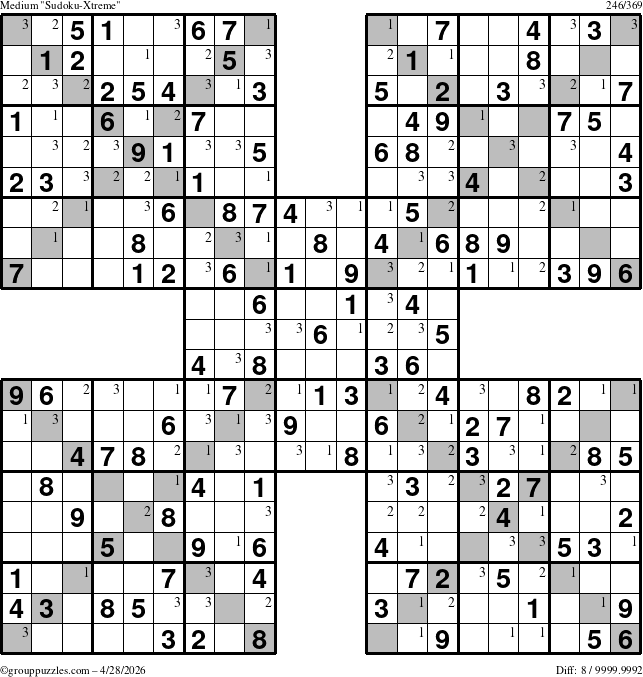 The grouppuzzles.com Medium Sudoku-Xtreme puzzle for Tuesday April 28, 2026 with the first 3 steps marked