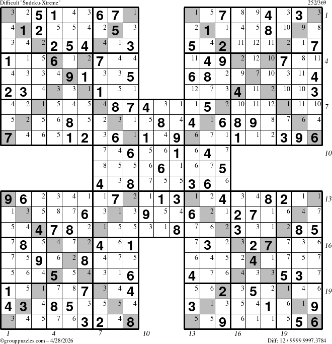 The grouppuzzles.com Difficult Sudoku-Xtreme puzzle for Tuesday April 28, 2026, suitable for printing, with all 12 steps marked