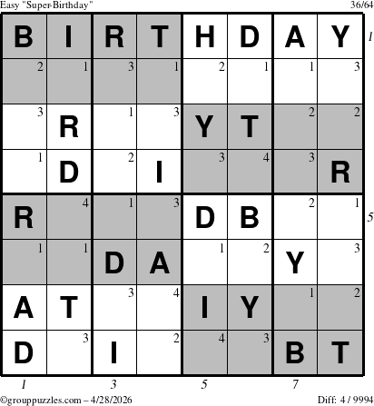 The grouppuzzles.com Easy Super-Birthday puzzle for Tuesday April 28, 2026, suitable for printing, with all 4 steps marked