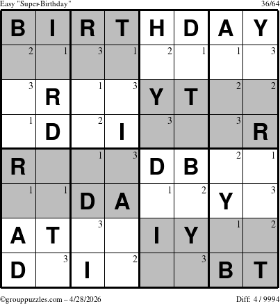 The grouppuzzles.com Easy Super-Birthday puzzle for Tuesday April 28, 2026 with the first 3 steps marked