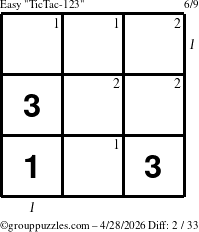 The grouppuzzles.com Easy TicTac-123 puzzle for Tuesday April 28, 2026, suitable for printing, with all 2 steps marked